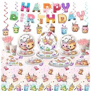 Boba Tea Party Birthday Decoration Tableware Set of Cups Napkins Plates Utensils